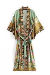 Boho Robe, Kimono Robe, Beach Cover up, Peacock in Gold Green