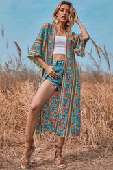 Boho Robe, Kimono Robe, Beach Cover up, Flower in Blue