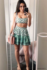 Boho Two Piece Set, Two Piece Skirt Set, Wild Floral in Mint Green