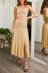 Boho Two Piece Set, Two Piece Pants Set, Wild Floral Daisy Saffron