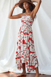 Boho Maxi Dress, Strappy, Red Peony