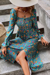 Boho Midi Dress, Smocked Dress, Green Poppy