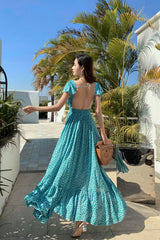 Vintage Dress, Boho Midi Dress, Dress, Backless Dress, Blue Sky, Yellow and Red