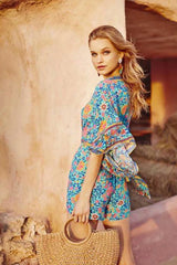 Boho Jumpsuit, Boho Romper, Playsuit, Blue Wild Flower