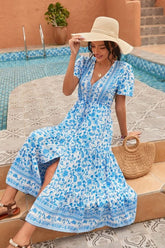 Boho Maxi Dress, Sundress, White Blue Celeste