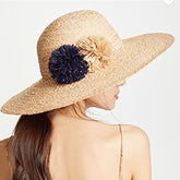 Boho Hat, Sun Beach Hat, Raffia Fedora Hat, Navy Pom Pom