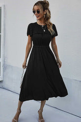 Boho Midi Dress, Ruffle Grace in Black