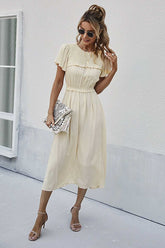 Boho Midi Dress, Ruffle Grace in Ivory