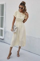 Boho Midi Dress, Ruffle Grace in Ivory