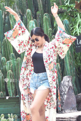 Boho Robe, Kimono Robe, Beach Cover up, Camila White Floral