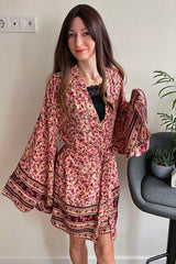 Boho Robe, Kimono Robe, Beach Cover up, Short Robe, Natalia Flower in Pink