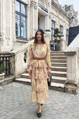 Maxi Dress - Boho Vintage Pleated Dress - Summer Print Floral Vintage Charlotte Yellow