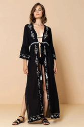 Boho Robe, Beach Cover up, Beach Robe, BLack Embroidery Flower