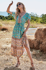 Midi Dress, Boho Dress, Sundress, Aubrey Zaynab in Yellow Pink and Green