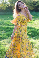 Boho Maxi Dress, Sundress, Wild Floral in Yellow Ducky
