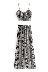 Boho Two Piece Set, Crop Top and Palazzo Pant, Black Elephant