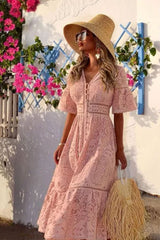 Boho Midi Dress, Sundress, Lace Charlotte in Pink