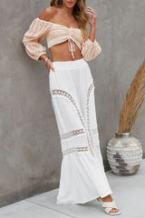 Kyomi Cotton Blend Embroidered Lace Elastic Waist Flare Pants