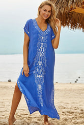 Boho Maxi Dress - Beach Dress, Kaftan Dress Vintage Embroidered in Myla Blue and Black