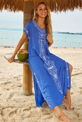 Boho Maxi Dress - Beach Dress, Kaftan Dress Vintage Embroidered in Myla Navy White and Black