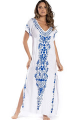 Boho Maxi Dress - Beach Dress, Kaftan Dress Vintage Embroidered in Myla Blue and Black
