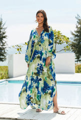 Boho Maxi Dress - Beach Dress, Kaftan Dress Vintage Embroidered in Danica Tie Dye Green Jobelle