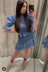Boho Two Piece Set, Smocked Top and Mini Skirt, Blue Aegean Lorelei