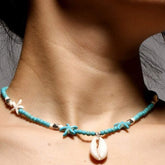 Boho Necklace, Hippie Blue Shell & Starfish