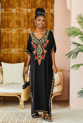Boho Maxi Dress - Beach Dress, Kaftan Dress Vintage Embroidered in Calista White and Black