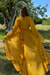 Maxi Dress, Boho Vintage Pleated Dress, Josephine Gown in Purple, Pink Brown and Yellow