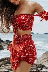 Print Drawstring Crop Skirts Set