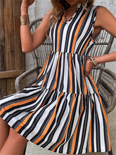 Fashion New Print Collar Stripes Fresh Sweet Style Doll Dress Half Open Collar Sleeveless Short Dress High Waist Dress