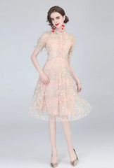 Vintage Boho Midi Dress - Pink Amelia | Embroidered Lace Bohemian Style Dress
