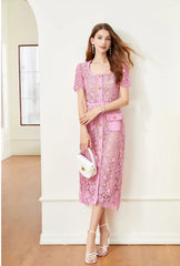Vintage Boho Midi Dress - Pink Fusia | Embroidered Lace Bohemian Style Dress
