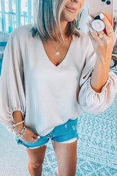 V Neck Puff Long Sleeve Blouse