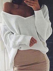 Loose V-neck Solid Color Knitted Sweater