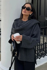 Boho Winter Coat - Wool Mix Autumn Coat With Scarf - Harlow: Vintage Patchwork in Gray and Black