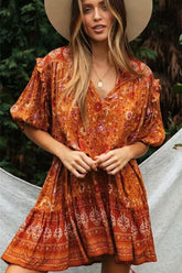 Boho Mini Dress Sundress, Wild Floral in Indian Spice