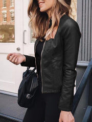 Solid Color Zipper Short Leather Jacket