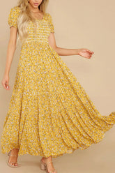 Boho Midi Dress, Off Shoulder Smocked Dress, Yellow Daisy Garden