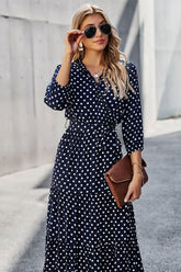 Boho Midi Dress, Ruffle Polka Dot in Navy Blue