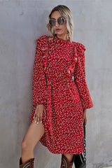 Boho Midi Dress, Ruffle Polkadot in Red Mini Heart