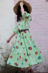 Boho Maxi Dress, Embroidered Dress, Vintage Green Garden