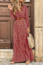 Fashion Bohemian Print With Belt V Neck Cake Skirt Dresses