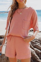 Fashion Casual Solid Patchwork O Neck Short Sleeve Two Pieces(6 Colors)