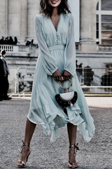 Fashion Elegant Solid Split Joint Buttons V Neck Irregular Dress Dresses
