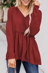 Casual Solid Patchwork Buckle V Neck Tops(7 colors)