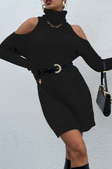 Casual Elegant Solid Hollowed Out Split Joint Turtleneck Dresses Sweater (Without Belt)