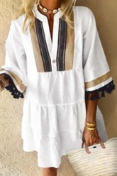 Casual Solid Patchwork V Neck Cake Skirt Dresses(4 Colors)
