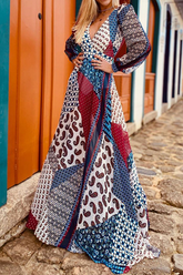 Casual Print Split Joint V Neck Waist Skirt Dresses